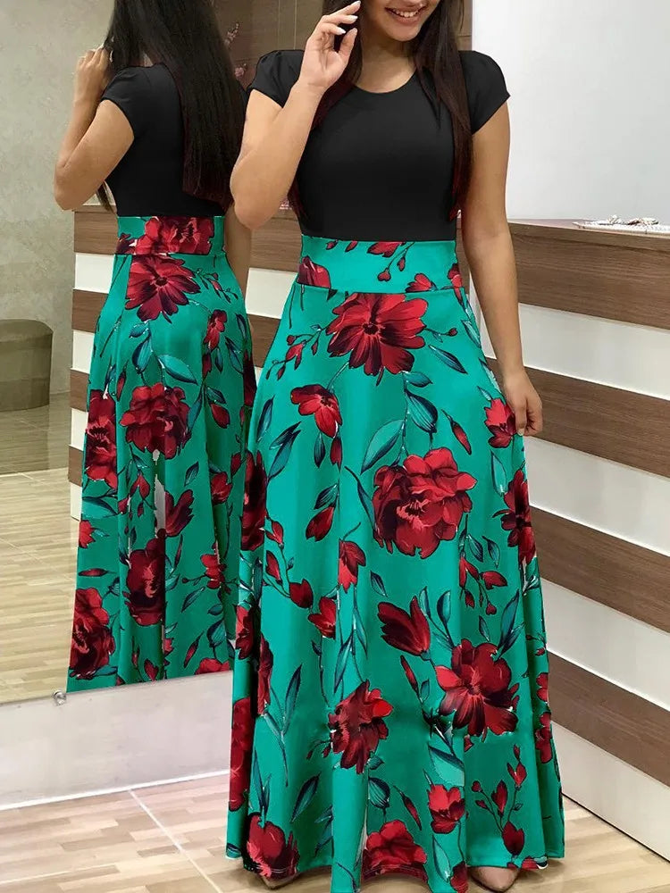 Print Round Neck Regular Fit Straight Ankle-Length Dress – Short & Long Sleeve Options, Spring/Summer