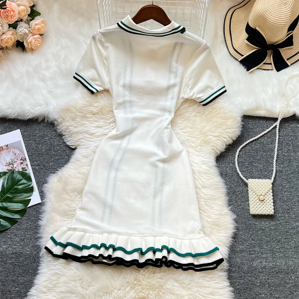 Ruffled Knit Puff-Sleeve Mini Dress | Solid Turn-Down Collar Bodycon | Elegant Autumn Medium-Stretch Streetwear Sheath Luxegan