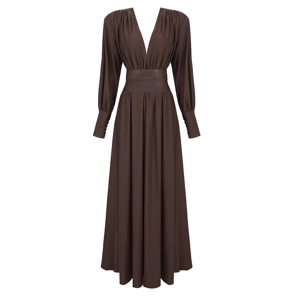 Solid V-Neck Full-Length Sleeve Sash Belt Slim Fit A-Line Ankle-Length Dress – Knitted Cotton-Polyester, Empire Waist, Summer