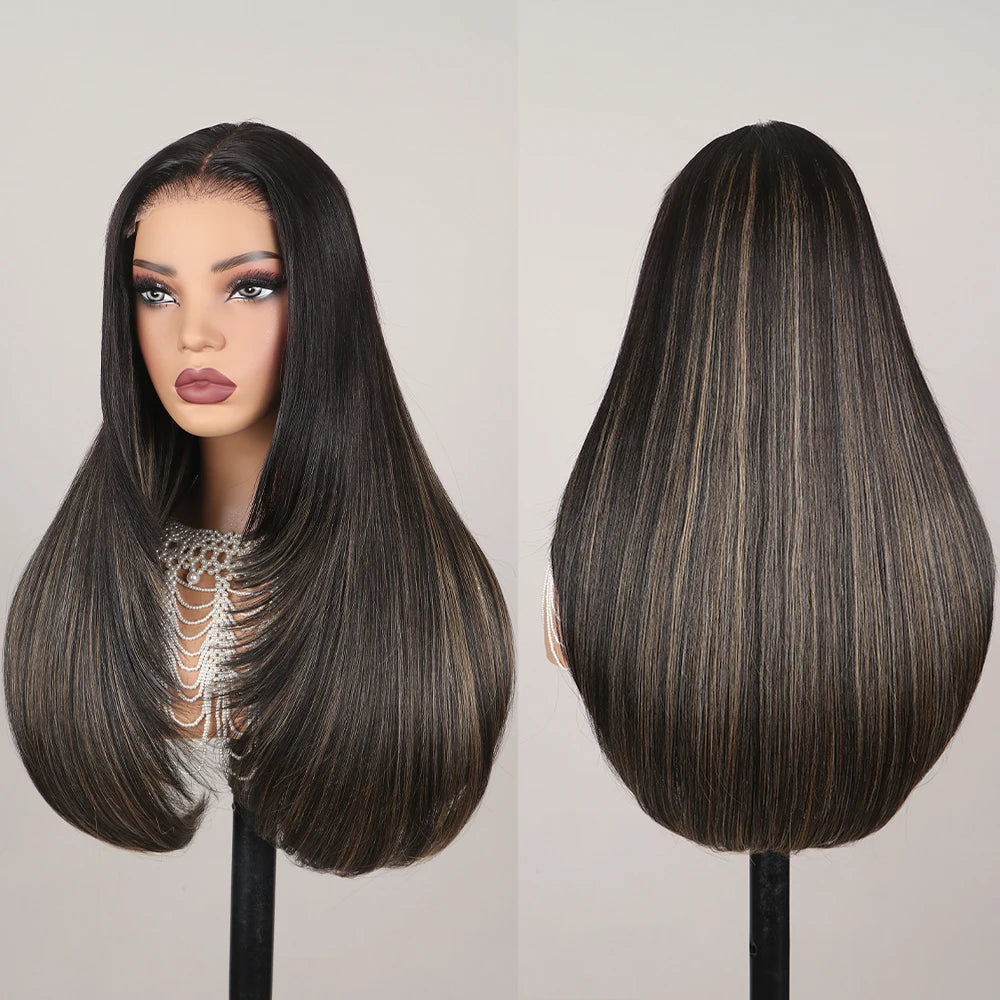 Long Bone Straight Transparent Lace Wig - Half Machine-Made & Half Hand-Tied Swiss Lace Frontal Wig - 1Piece Glueless Straight Long Wig for Women (26+ Inch, Natural Color) Luxegan