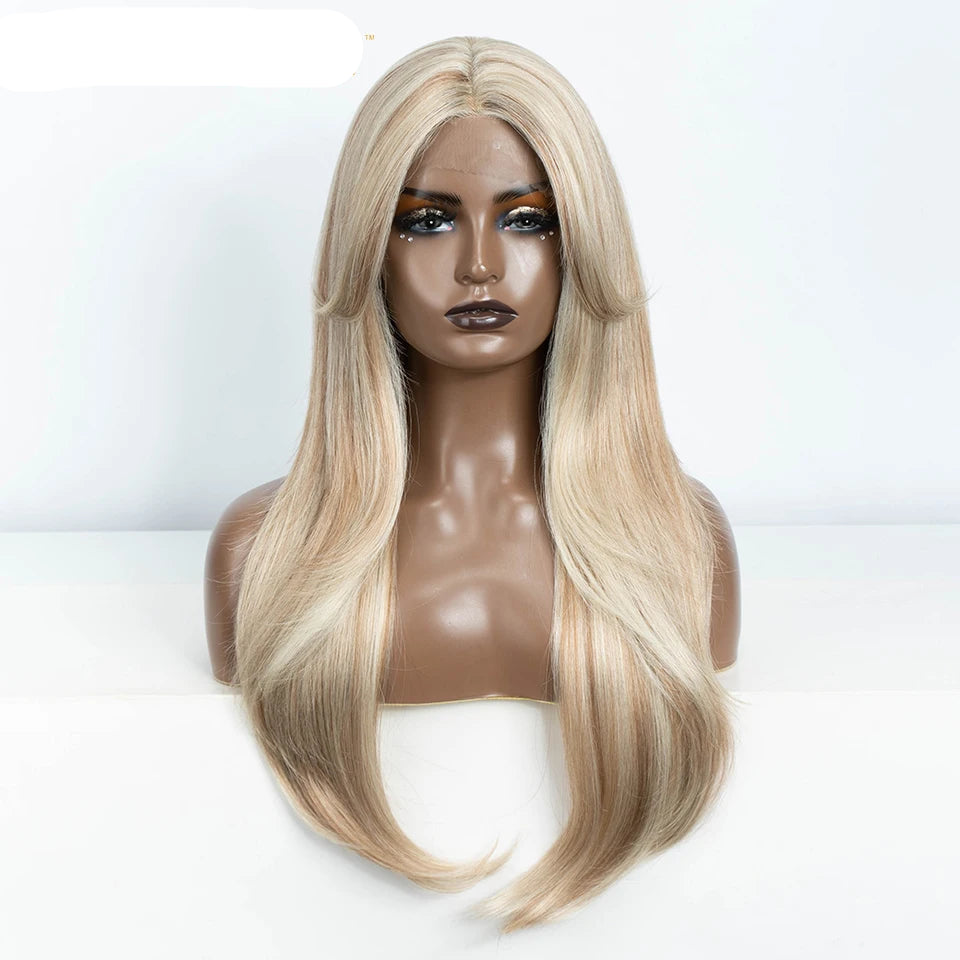 26-Inch Ombre Brown Highlight Blonde Synthetic Lace Front Wig with Bangs - Long Straight High Temperature Fiber Swiss Lace Wig - Transparent Lace Glueless Wig for Daily Use & Cosplay (197g) Luxegan