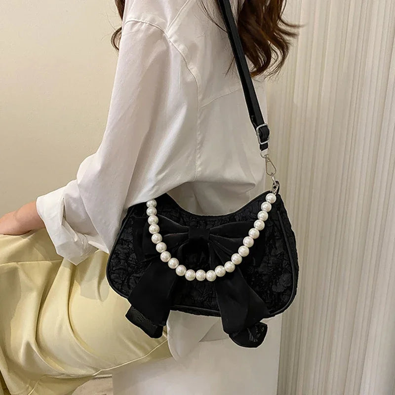 White Folds Pop Retro Bow Bag | Female Pearl Handle New Fashion Pearl Armpit Shoulder & Crossbody Bag Luxegan