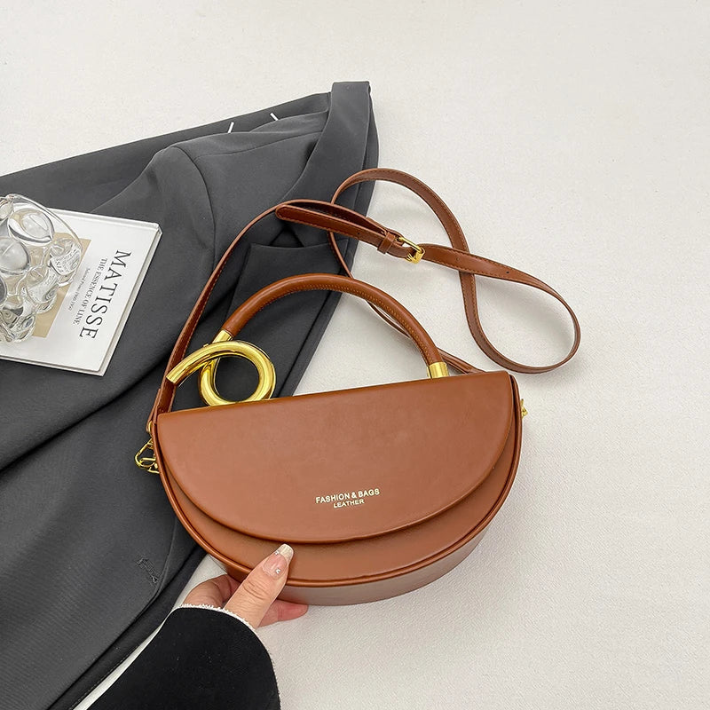Designer Semicircle Saddle Crossbody | Small Hard PU Leather Handbag Luxegan