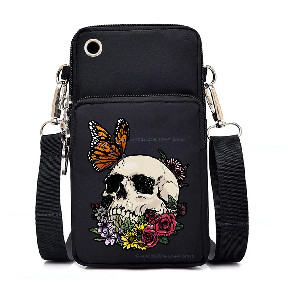 "Dead Inside But Love Cats" Shoulder Bag | Sophisticated Funny Vintage Skeleton Purse | Elegant Cartoon-Print Mobile Phone Bag | "Dignified" Soft Nylon Mini-Handbag for Versatile Casual Styling Luxegan