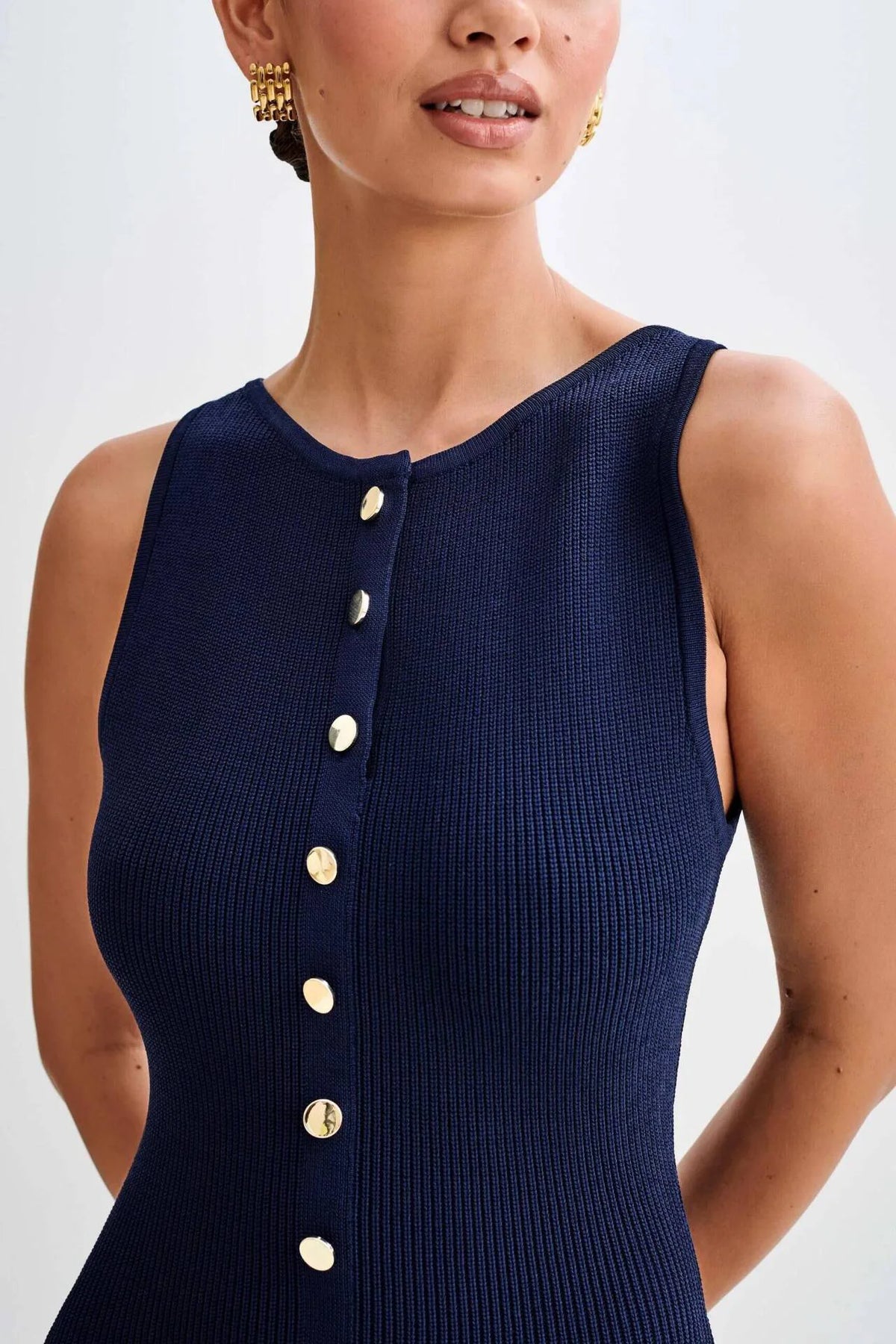 Solid O-Neck Sleeveless Tank Button Detail Slim Fit A-Line Mid-Calf Dress – High Stretch Knitted Polyester, Empire Waist, Summer Luxegan