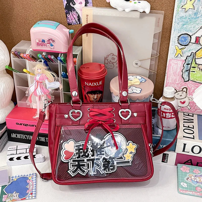 Small Red Heart Ita Bag Crossbody | Kawaii Clear Cute Shoulder Bag for Women & Student Girls (Japan Style) Luxegan