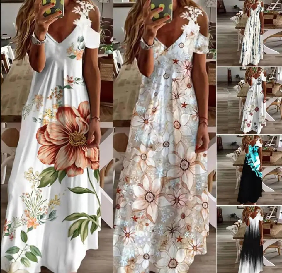 Floral V-Neck Spaghetti Strap Lace Detail Regular Fit A-Line Ankle-Length Dress – Brocade, Medium Stretch, Summer Luxegan