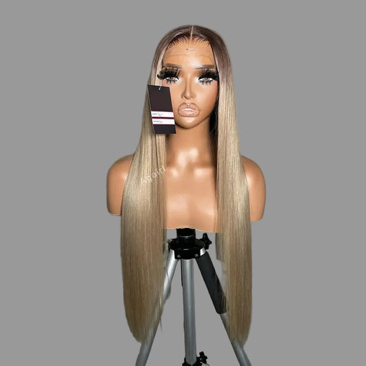 30–32 Inch Ash Blonde Ombre Wig | Sophisticated 13x6 HD Transparent Lace Frontal | Elegant "1B Root" Brazilian Human Hair | "Dignified" 200%–250% Density Bone Straight Remy Wig for Radiant Versatile Styling Luxegan