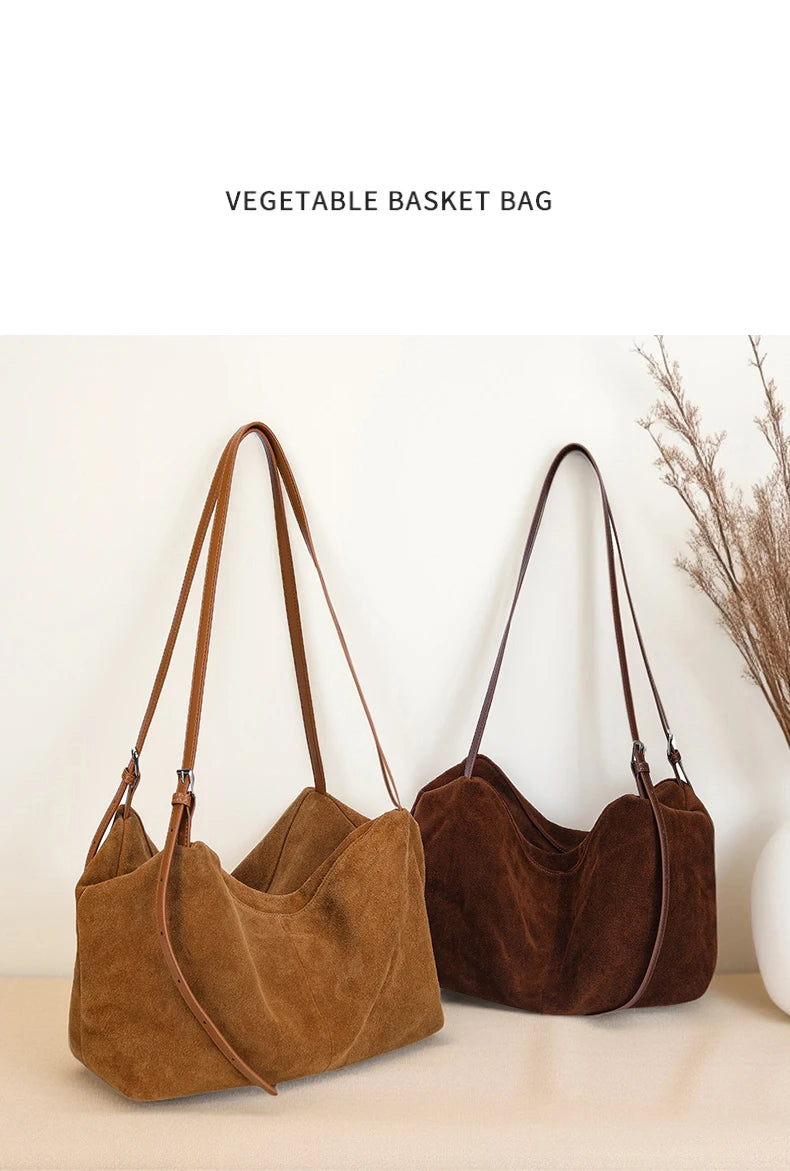 Women’s Suede Genuine Leather Shoulder Bag | Frosted Cowhide Crossbody Handbag | Luxury "Lazy Style" Designer Commuter Tote (Model 6131) Luxegan