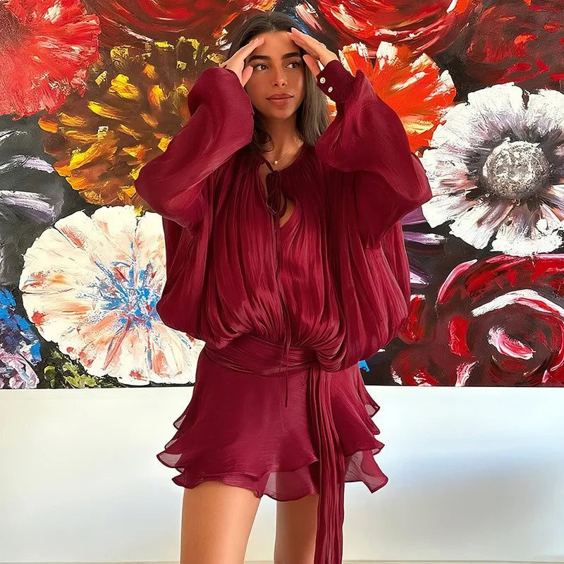 Gaono Women's Elegant Solid Mini Dresses A-line Bubble Lace Up Party Short Vestido Flared Sleeve Fashion Lady Night Summer Gown