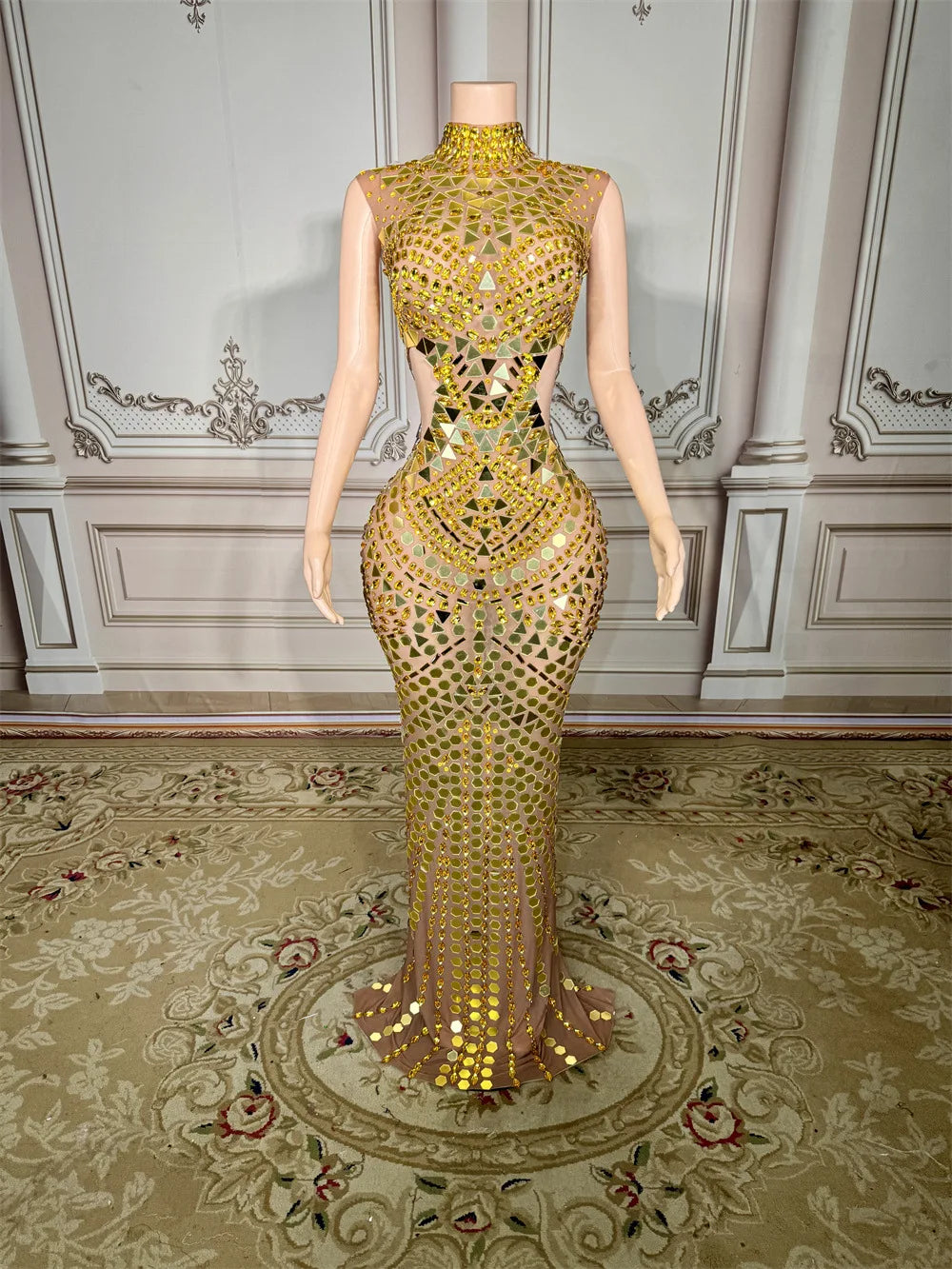 Rhinestone Sequin Mermaid Maxi Dress | Turtleneck Luxury Party & Prom Gown Luxegan