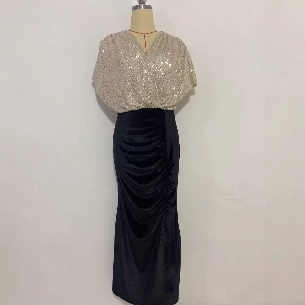 Women's Sequin V-Neck A-Line Formal Dress with Split Luxegan