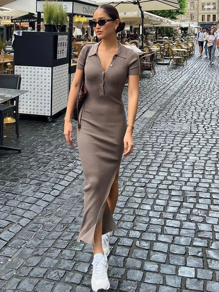 Solid Turn-Down Collar Short Sleeve Button Detail Regular Fit Sheath Midi Dress – Medium Stretch, Summer Luxegan
