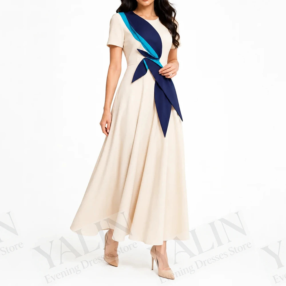 Ruched Draped A-Line Prom Dress | O-Neck Short Sleeve Tea-Length Evening Gown Luxegan