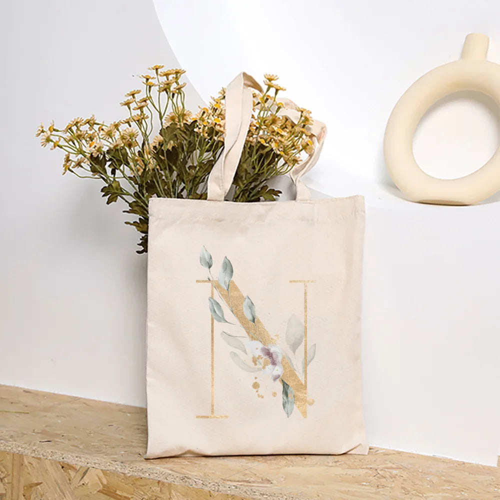 Leaves Plant Initial Print Canvas Tote Bag | Reusable Summer Beach & Shopping Handbag with Hasp Closure Luxegan