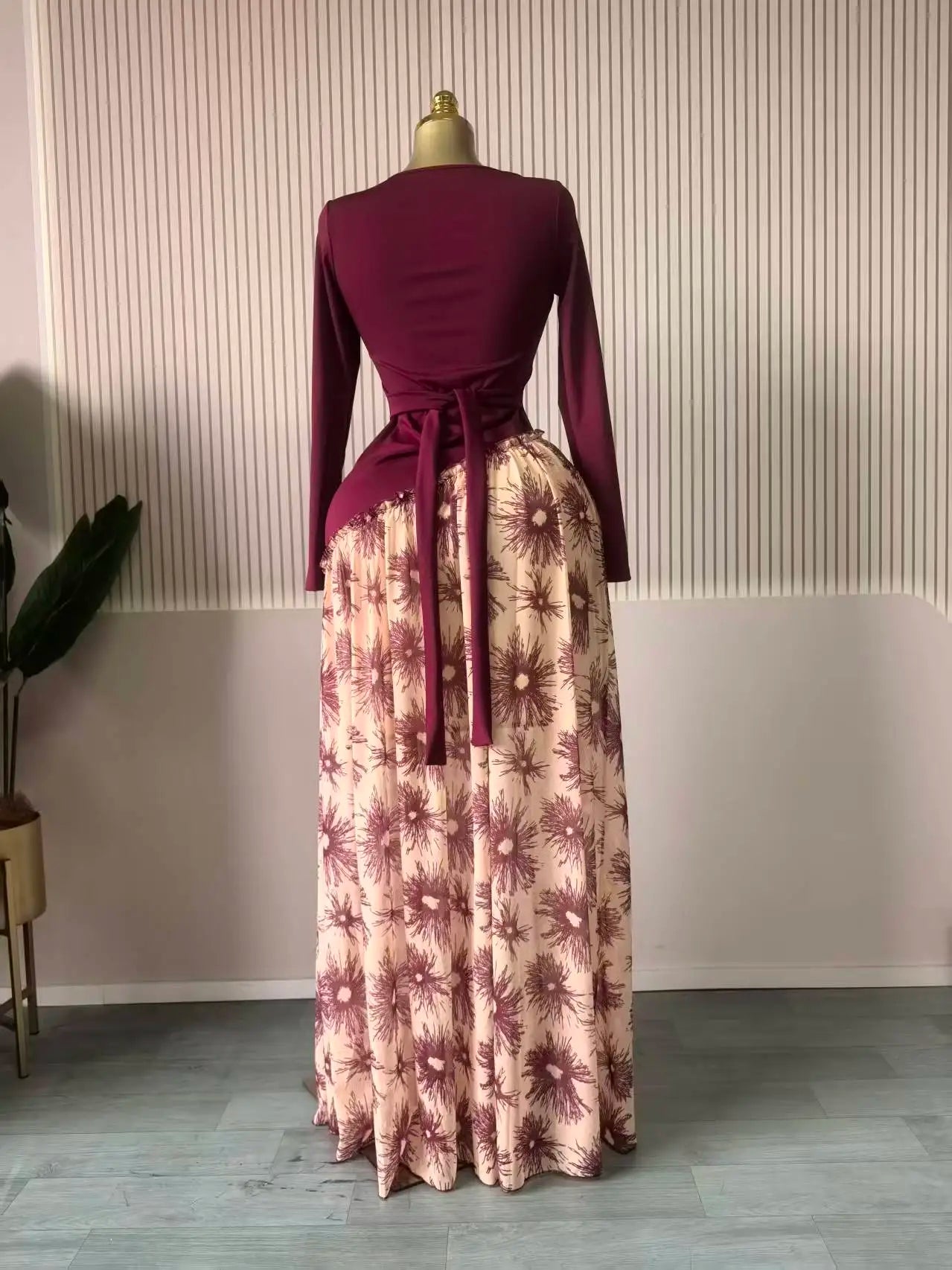 Print Pleated Maxi Dress with Sash | Square Neck Long Sleeve Elegant Party Evening Dress Luxegan