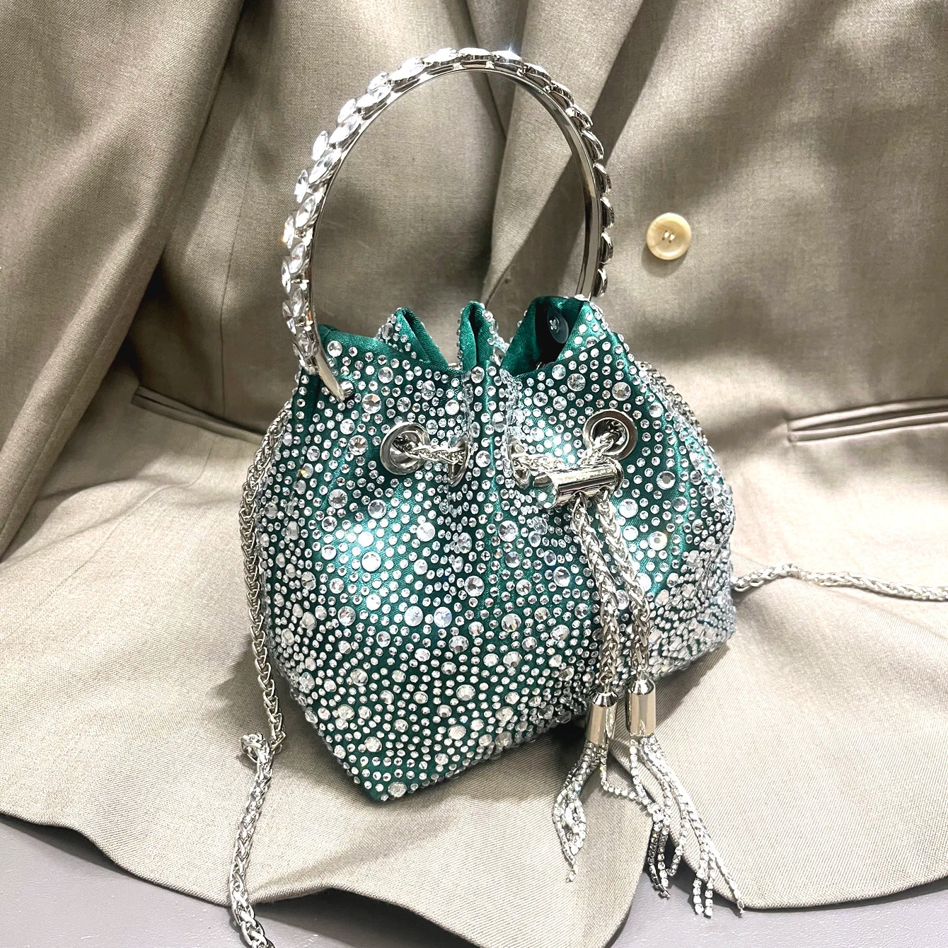Luxury Designer Rhinestone Evening Clutch | Shiny Crystal Bucket Handbag & Fashion Shoulder Bag Luxegan