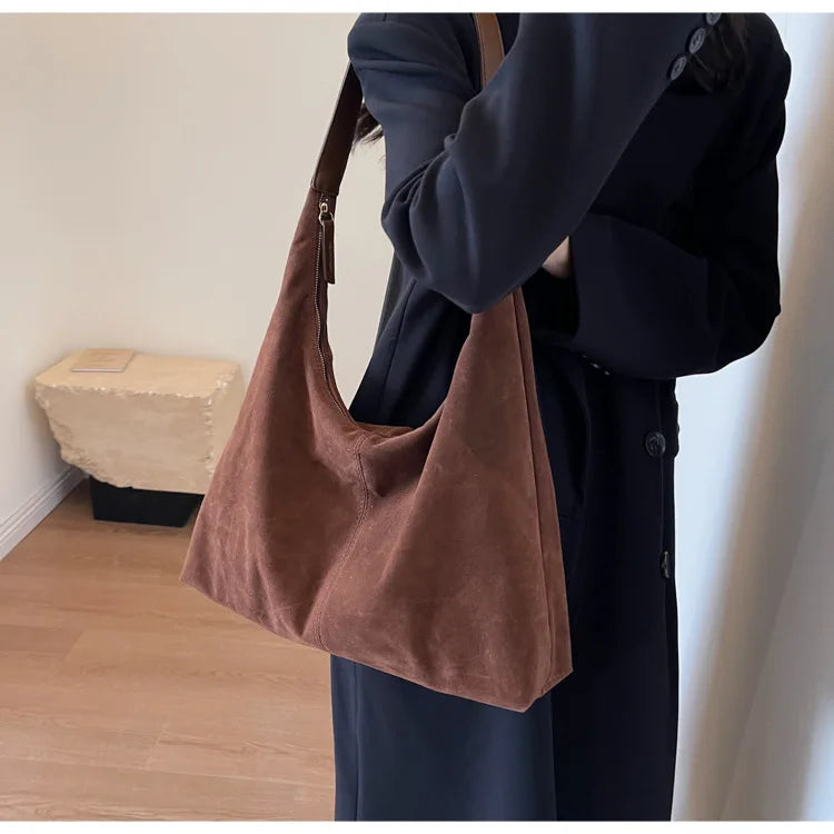 Suede Solid Casual Tote | Soft Vintage Large Capacity Commute Shoulder Bag Luxegan