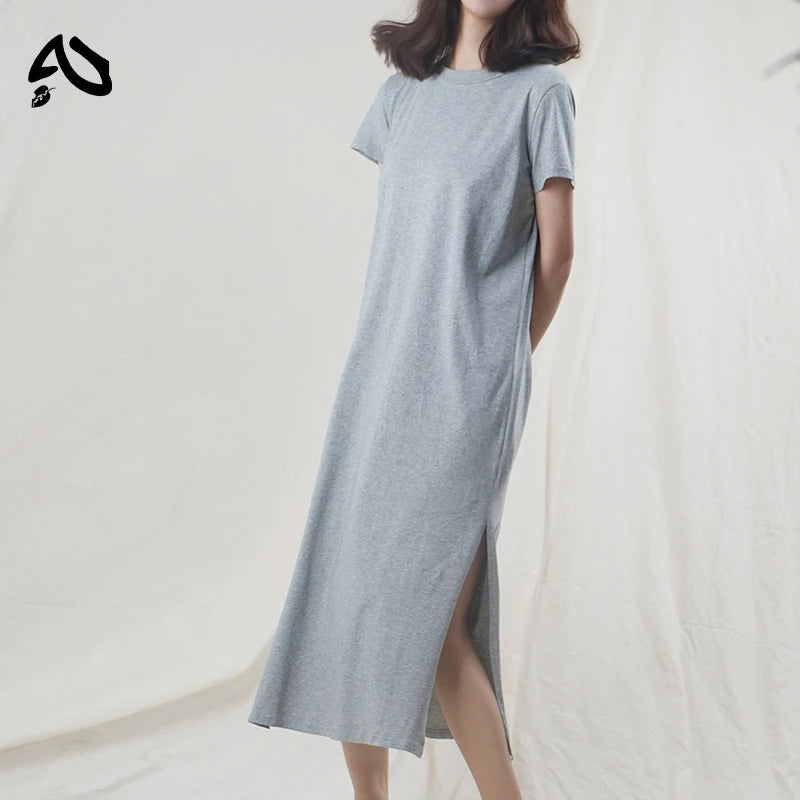Original Casual 94% Cotton Summer Women's Dresses Solid Short Sleeve Spilt Long Midi Dress Fashion Sundress Female Clothing