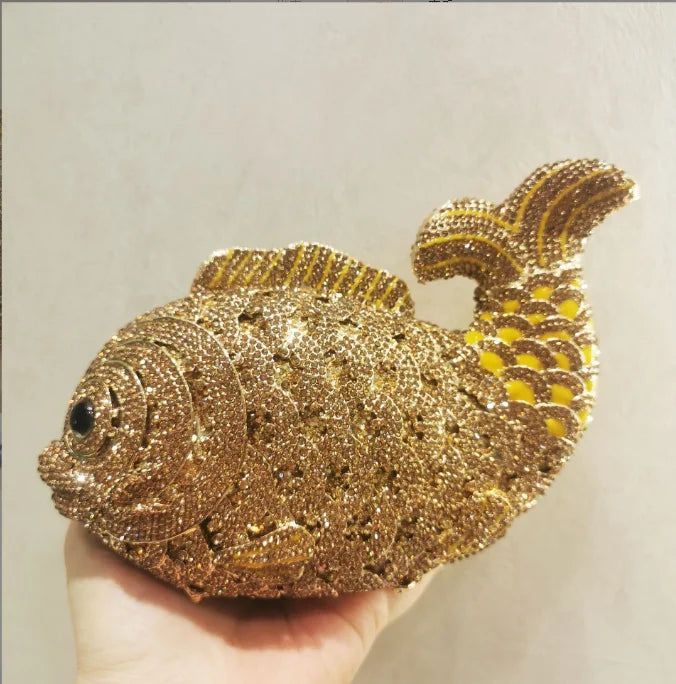 Women's Rhinestone Fish Evening Minaudiere Bag | Luxury Gold Stone Bridal Clutch Purse | Premium Metallic Hard Shell Wedding Handbag | Elegant Genuine Leather Lined Party Dinner Purse Model 01 Luxegan