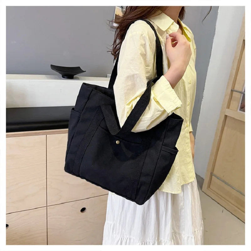 Preppy Style Shoulder Bag Unisex | Large Capacity Handbag & Casual Versatile Solid Canvas Bag (Student Commuting Zipper Square Bag) Luxegan