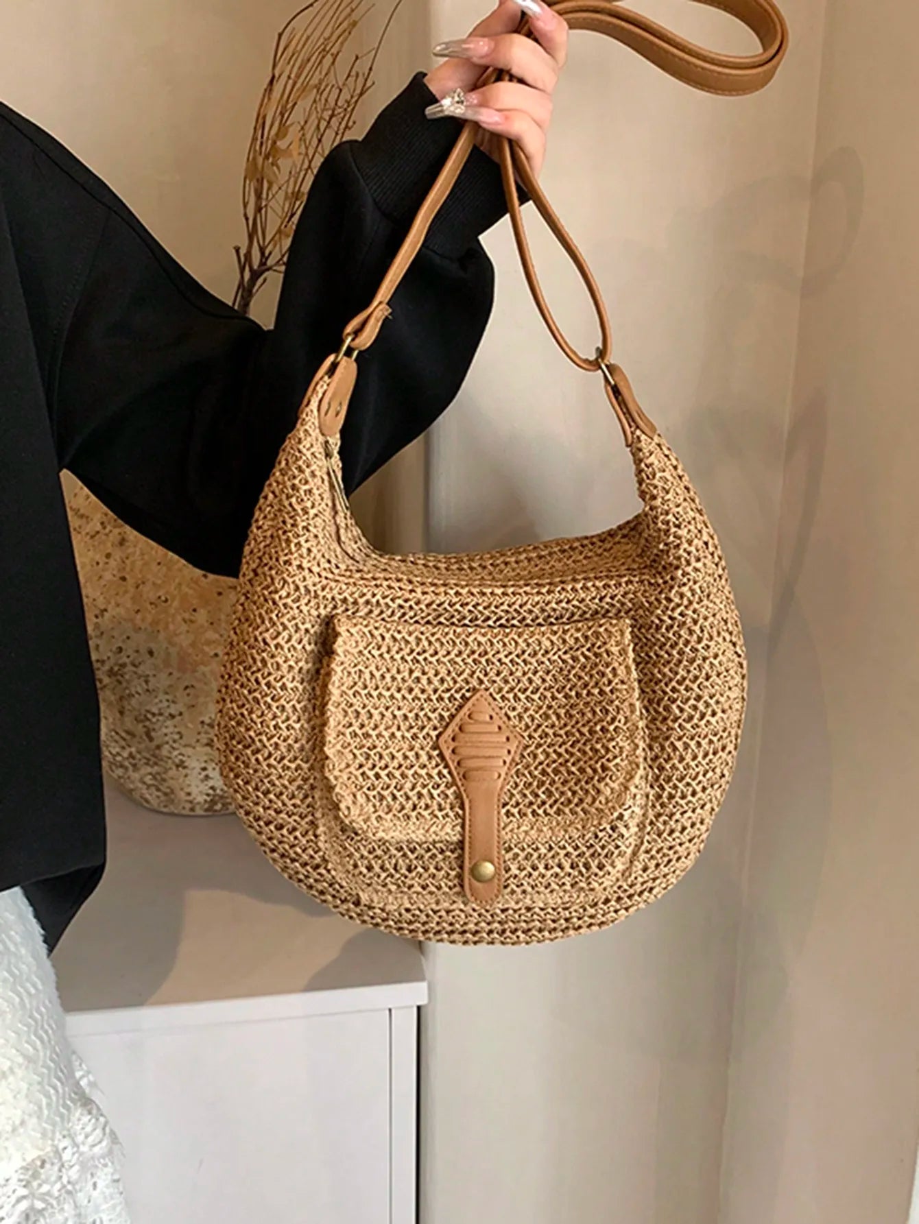 Trendy Circular Straw Saddle Bag | Soft Crossbody Purse Luxegan