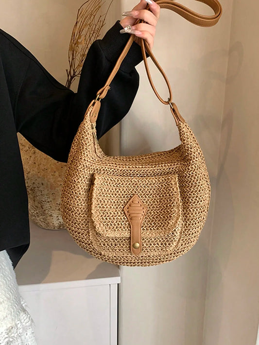 Trendy Circular Straw Saddle Bag | Soft Crossbody Purse Luxegan