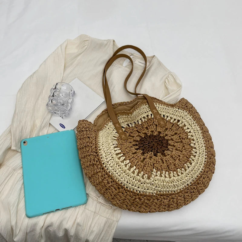 Round Straw Casual Tote Bag | Sophisticated Woven Beach Vacation Handbag | Elegant Holiday Travel Purse | "Dignified" Hard-Shell Circular Bag for Versatile Summer Styling Luxegan