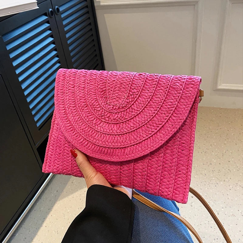 Handmade Woven Straw Envelope Clutch | Sophisticated Fur-Accent Shoulder Bag | Elegant Summer Crossbody Purse | "Dignified" Soft Beach Handbag for Versatile Vacation Styling Luxegan