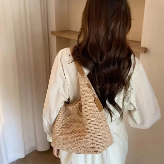 Vintage Straw Summer Beach Tote | Sophisticated High-Capacity Leather-Trimmed Handbag | Elegant Casual Paper-Straw Shoulder Bag | "Dignified" Structured Carryall for Anniversaries & Birthdays Luxegan