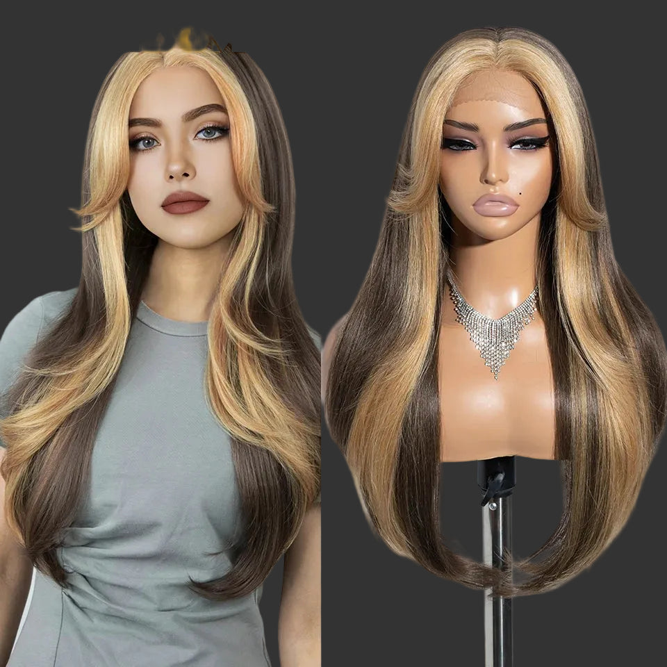 26-Inch Ombre Brown Highlight Blonde Synthetic Lace Front Wig with Bangs - Long Straight High Temperature Fiber Swiss Lace Wig - Transparent Lace Glueless Wig for Daily Use & Cosplay (197g) Luxegan