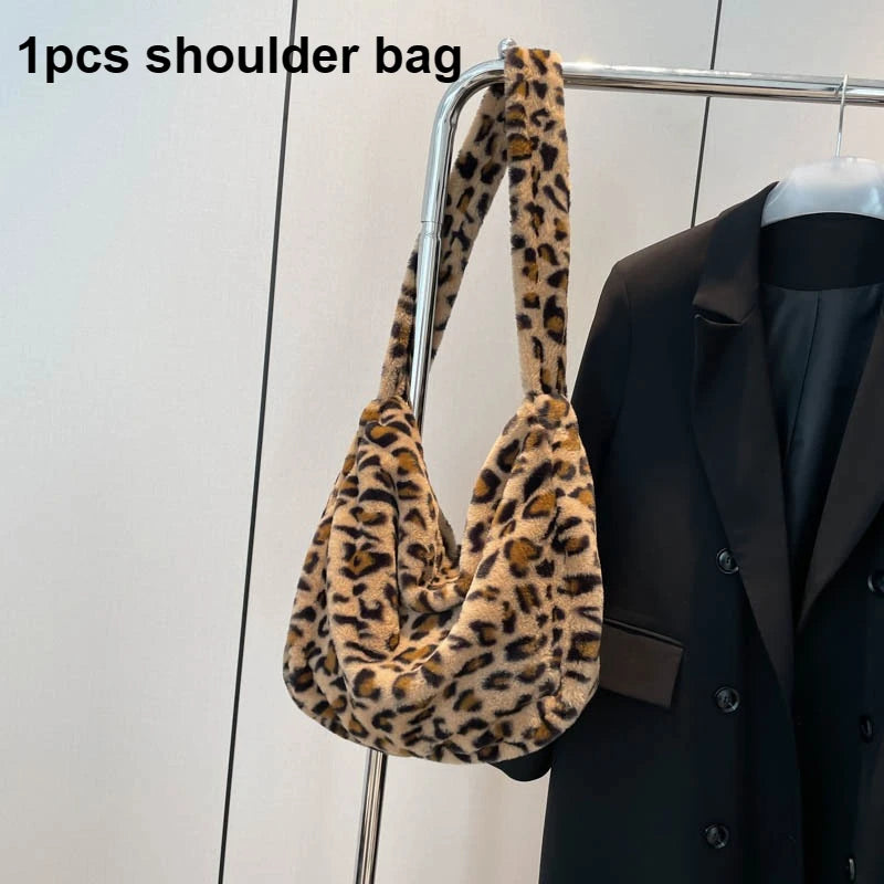 Cute Japanese Plush Fur Commuter Shoulder Tote Bag | Large Capacity Leopard & Polka Dot Pattern Flannel Handbag for Women Luxegan