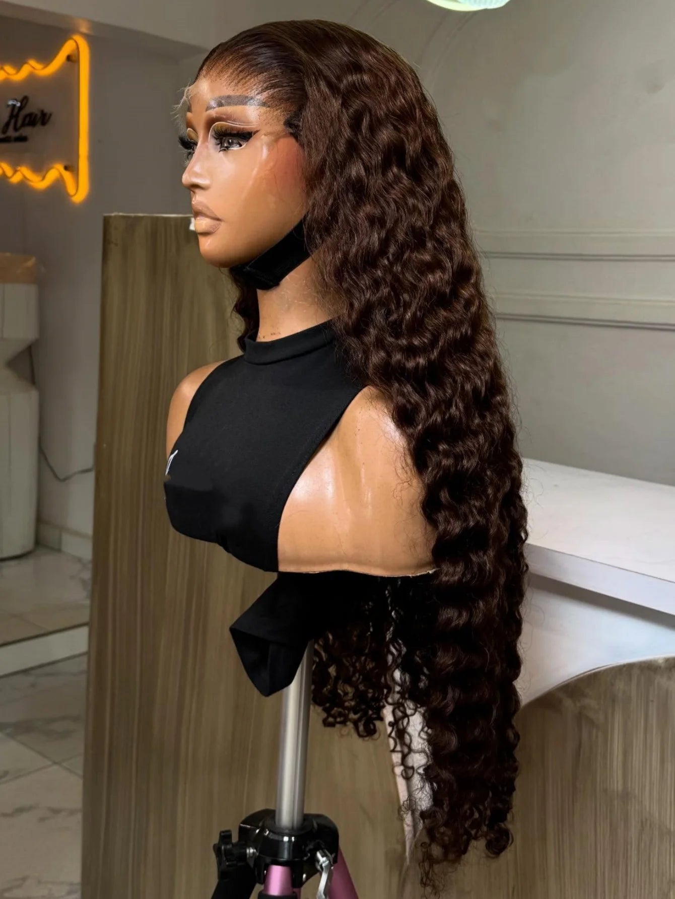 32 & 34-Inch Chocolate Brown Deep Wave HD Lace Wig | Sophisticated 200% Density 13x4 Transparent Frontal | Elegant "Brazilian Remy" Silhouette | "Dignified" Pre-Plucked Curly Human Hair for Radiant Versatile Styling Luxegan