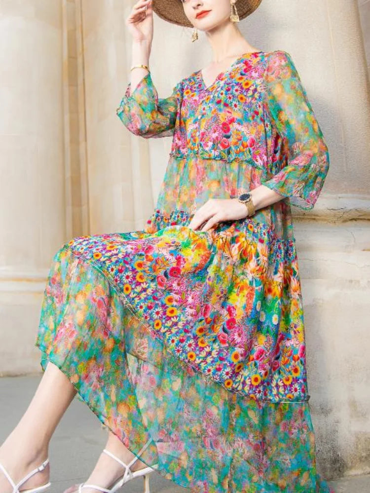 V-Neck Three-Quarter Sleeve Print Chiffon A-Line Midi Dress | Boho Vintage Beach Elegant Party Dress Luxegan