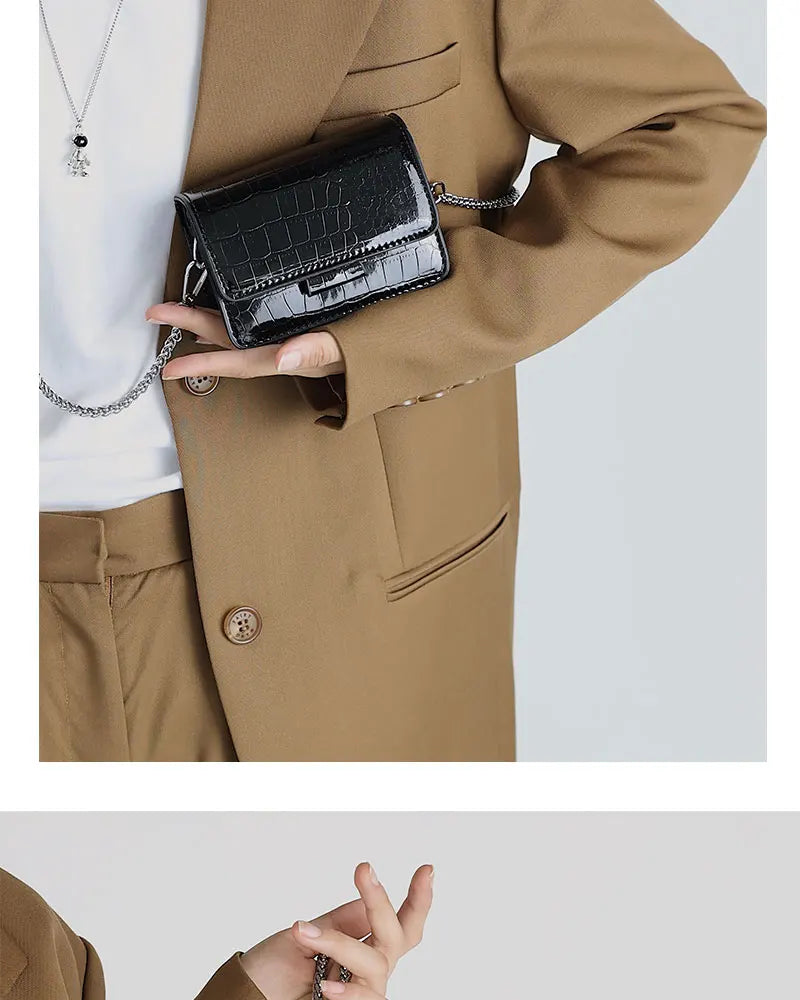 Summer Patent Leather Chain Mini Handbag | Women's Silver PU Crossbody Bag | HARD Fashion Square Buckle Lipstick Purse Luxegan