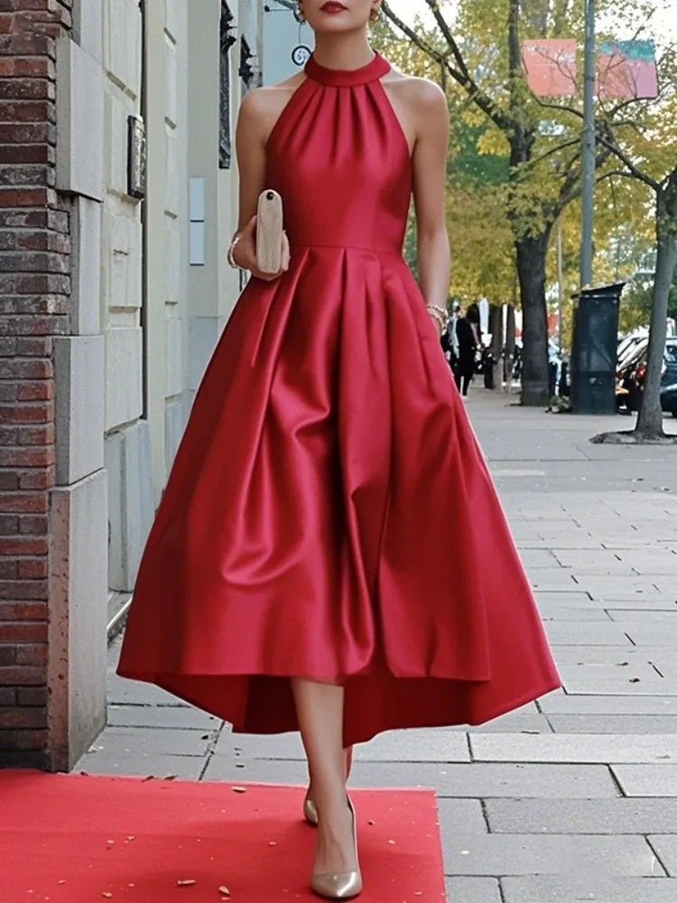 Halter-Neck A-Line Evening Dress | Sophisticated Solid Color Pleated Gown | Elegant "Sleeveless Tank" Silhouette | "Dignified" High-Waist Party Dress for Radiant Versatile Summer Styling Luxegan