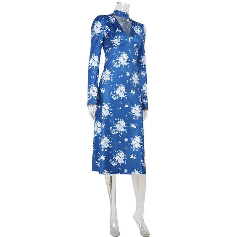 Printed V-Neck Bodycon Dress – Full Sleeve, Slim Fit, Ankle-Length Luxegan