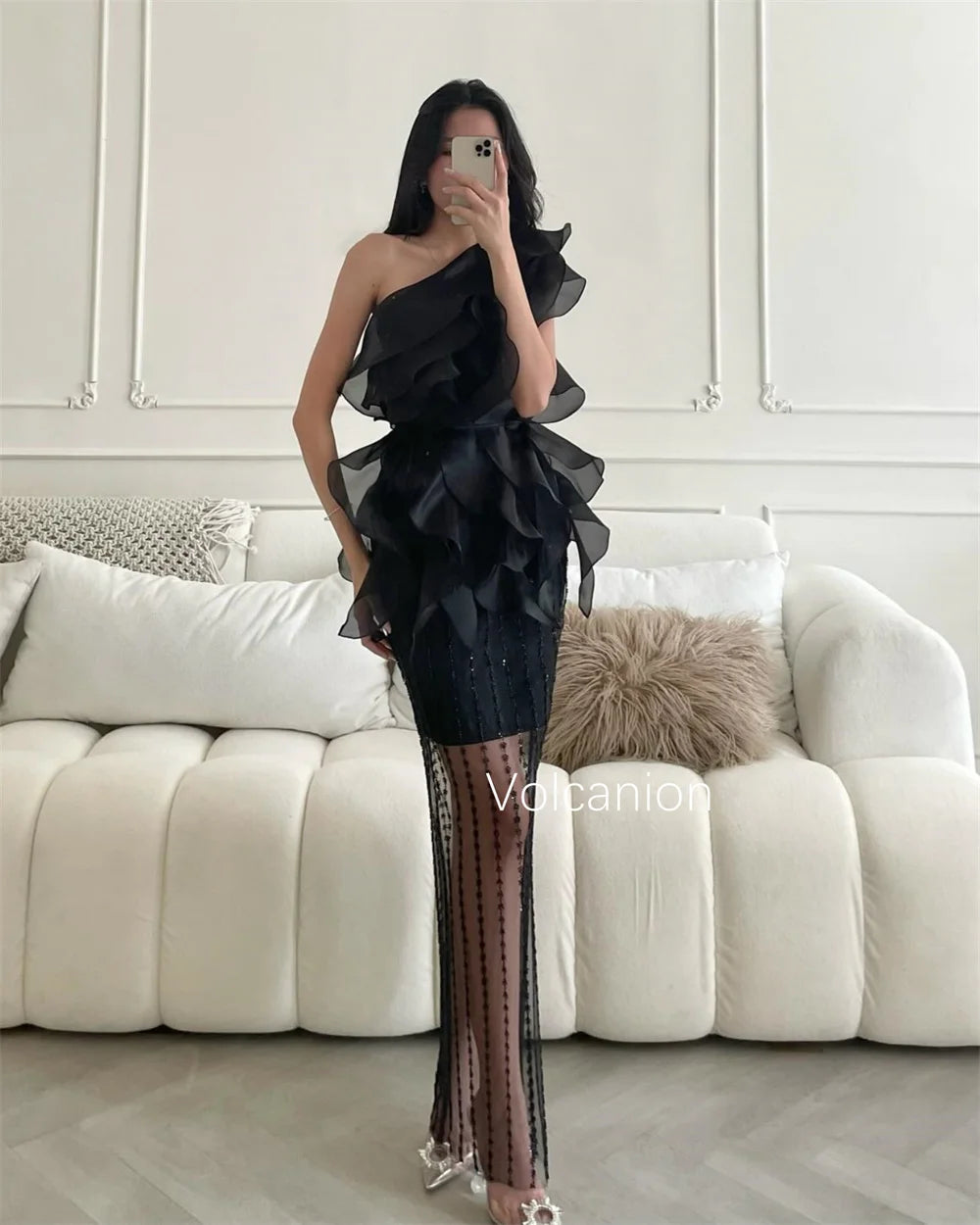 Ruffled One-Shoulder Sleeveless Straight Ankle-Length Cocktail Party Dress – Polyester Organza, Built-In Bra, Natural Waist Luxegan