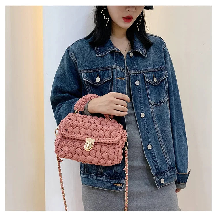 DIY Fashion Knitted Rope Woven Tote | Casual Chain Shoulder Bag Luxegan