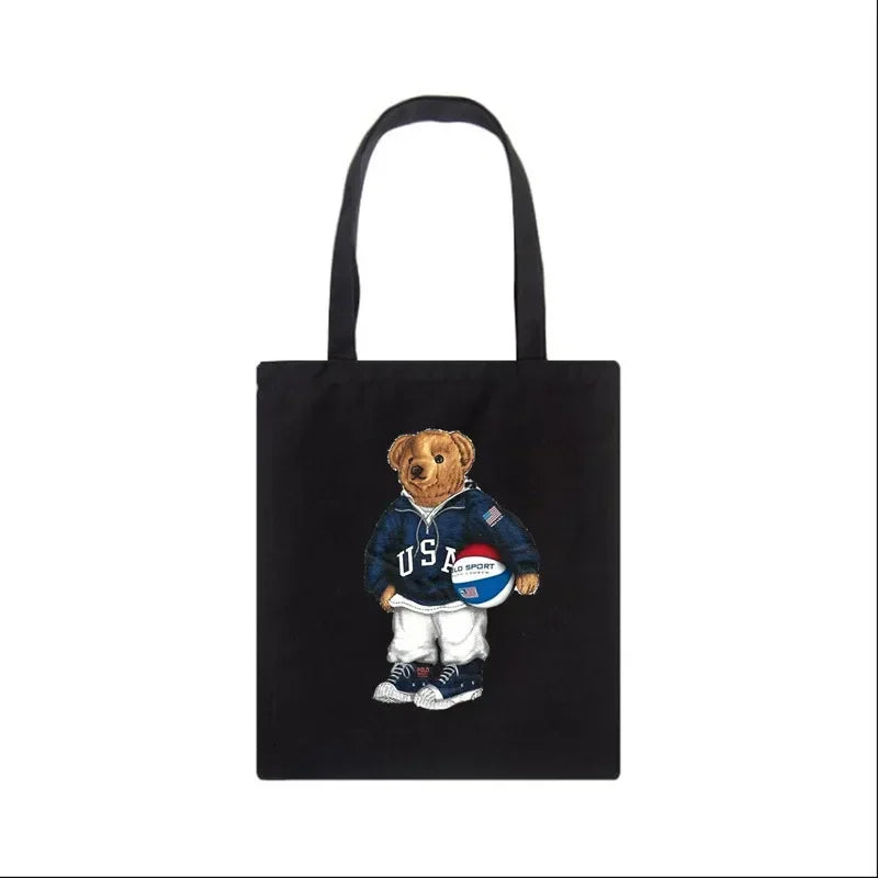 Fashion Bear Print Eco Women Shoulder Bags | Female Handbag Canvas Shopping Bag | Casual Large Ladies Travel Totes Bags Luxegan