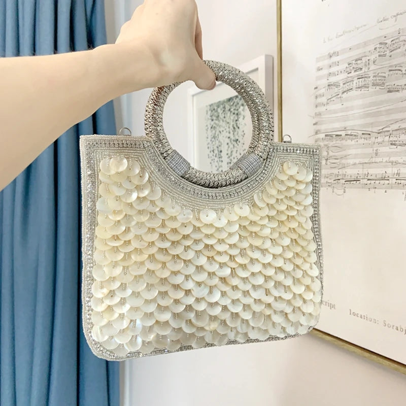 Indian Handmade Heavy Industry Bead Handbag | Embroidered Rhinestone Pearl Diagonal Tote & Women's Wedding Party Bag