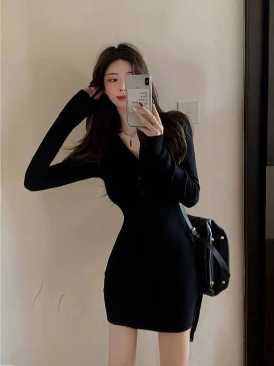 V-Neck Knit Bodycon Mini Dress | Long Sleeve Elastic Waist Slim Club Dress Luxegan