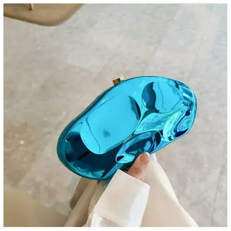 Hard Acrylic Shell Minaudiere | Gold/Silver/Blue Metal Shiny Evening Clutch Luxegan