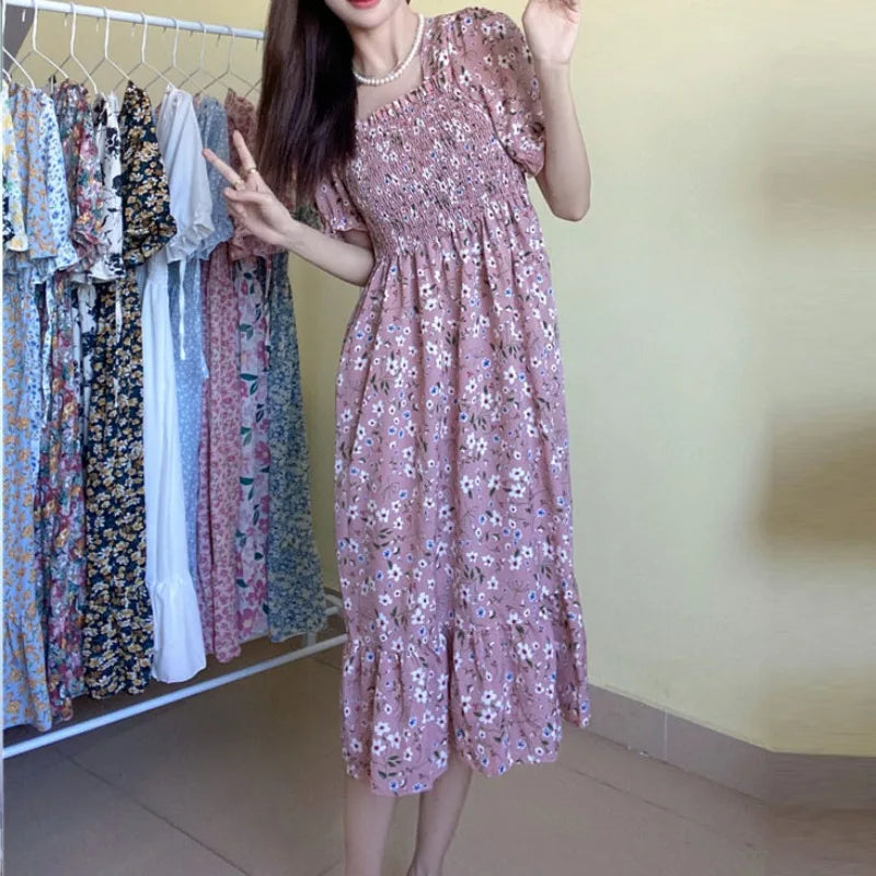 Women's Printed Chiffon Short-Sleeve Dress | Elastic-Waist Pleated A-Line Summer Dress | Slash-Neck Knee-Length Casual Slim-Fit Gown Luxegan