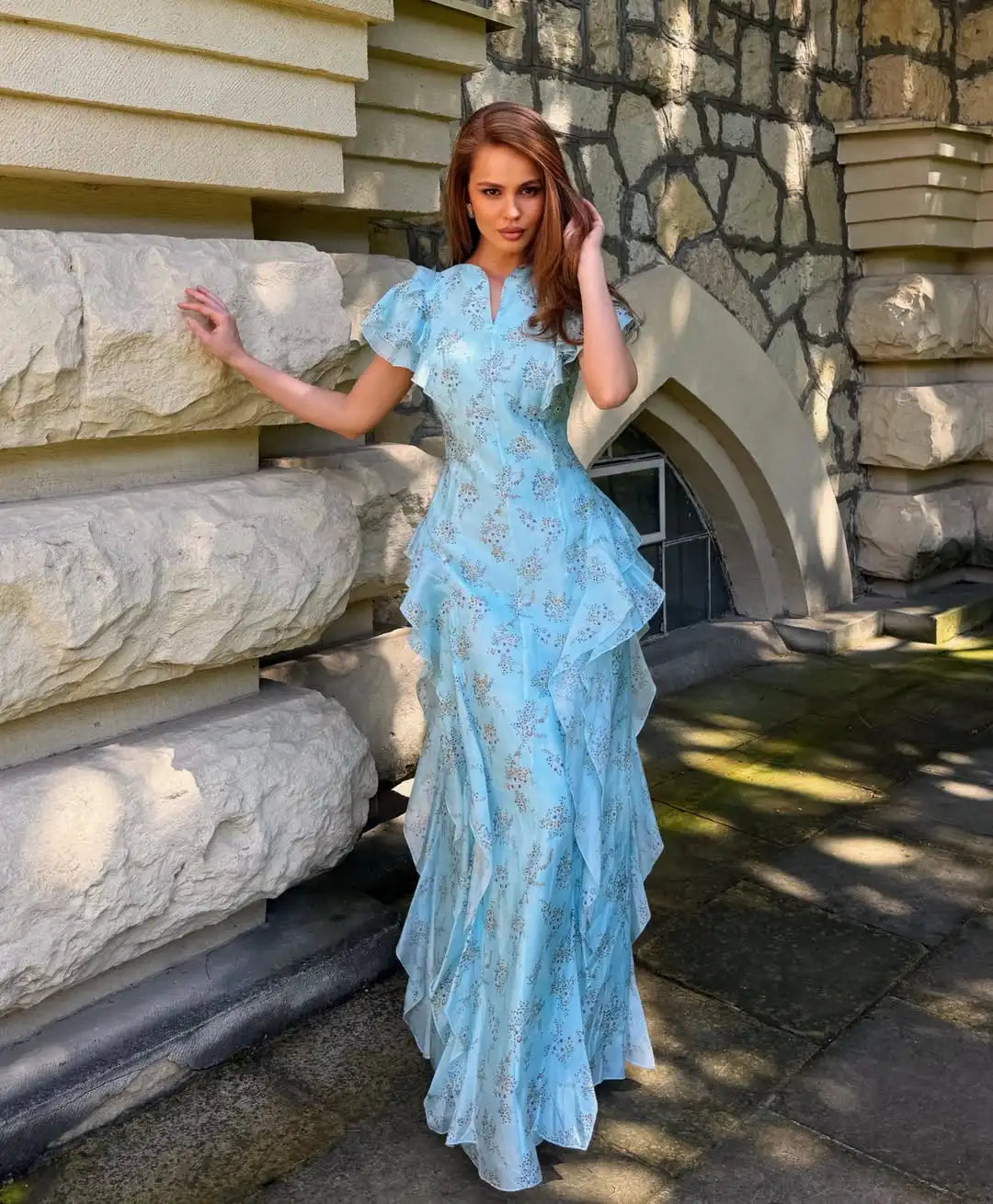 Fashion Women's Printed Ruffled Dress Elegant Short Sleeve Female V Neck Maxi Dresses 2026 Summer Elegant New Lady Vestidos
