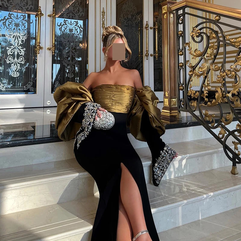 Sexy Off-The-Shoulder Pearl Mermaid Prom Dress | Saudi Arabia Inspired Slim-Fit Satin Evening Gown | Custom Size Floor-Length Cocktail Party Dress | Model 2R20240201 Simple Essential for Elegant Styling Luxegan