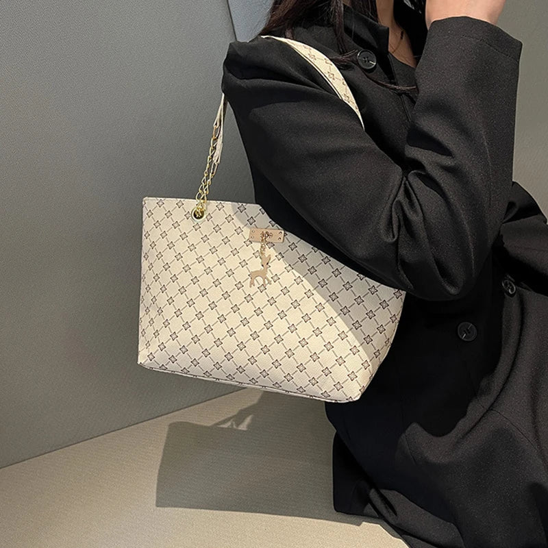 Leather Plaid Large Capacity Tote | Autumn/Winter Shoulder Bag Luxegan