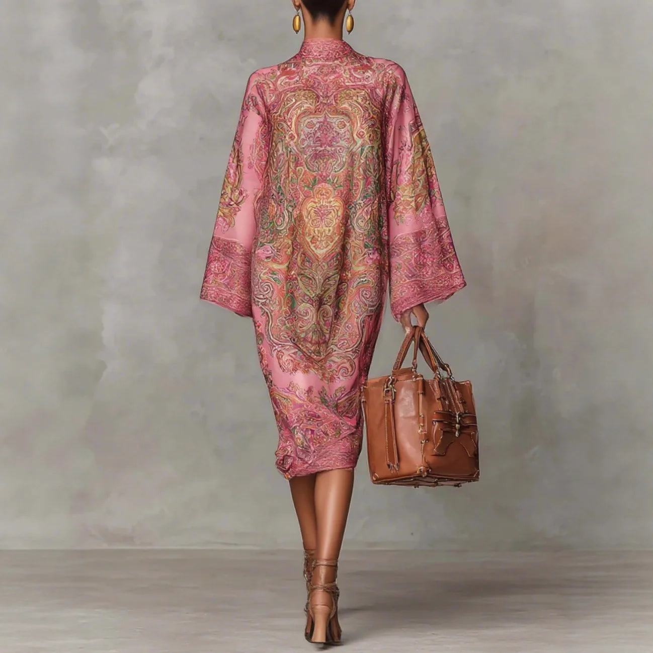 Women's Geometric Print Flare Sleeve Maxi DressLuxegan