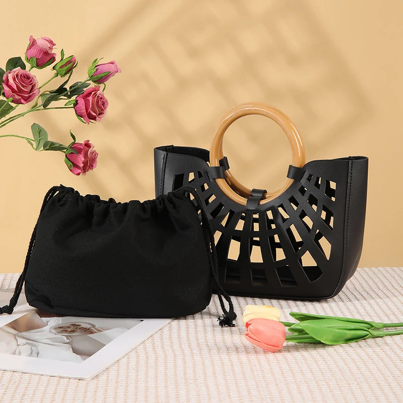 Hollow-Out PU Leather Tote Bag | Lightweight Square Handbag & Stylish Shopping Bag Luxegan