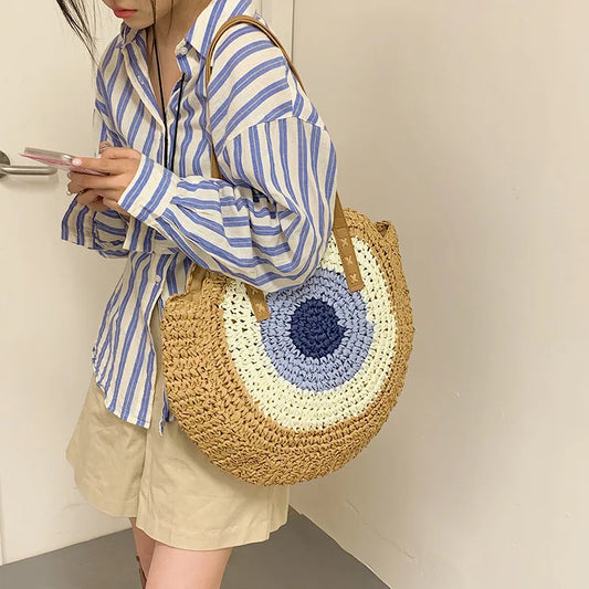 Large Capacity Round Women's Fashionable Straw Woven Shoulder Bag | Handmade Summer Beach Travel Holiday Women Tote Bags Luxegan